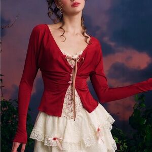 Long Sleeve Red Cardigan with Pink Rose Buttons